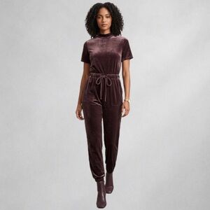 Express Velour Jogger Jumpsuit Brown Mock Neck Short Sleeve Size S